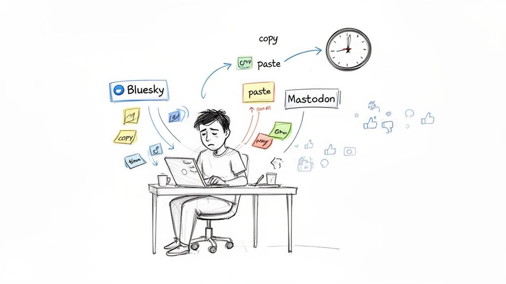 A frustrated person manually copies and pastes content between Bluesky and Mastodon, wasting time.