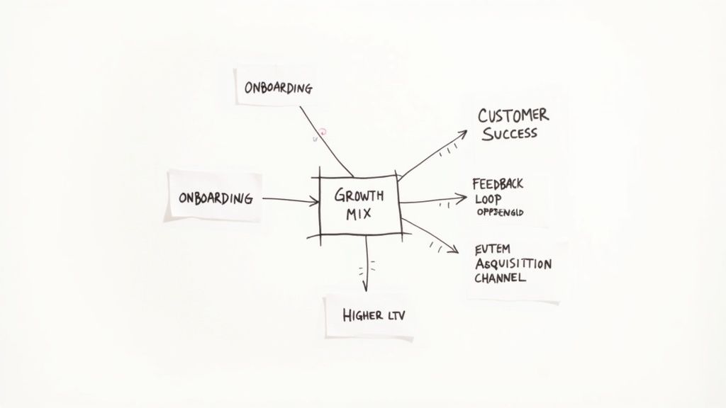 Hand-drawn diagram illustrating a 'Growth Mix' model with onboarding, customer success, and acquisition channels.