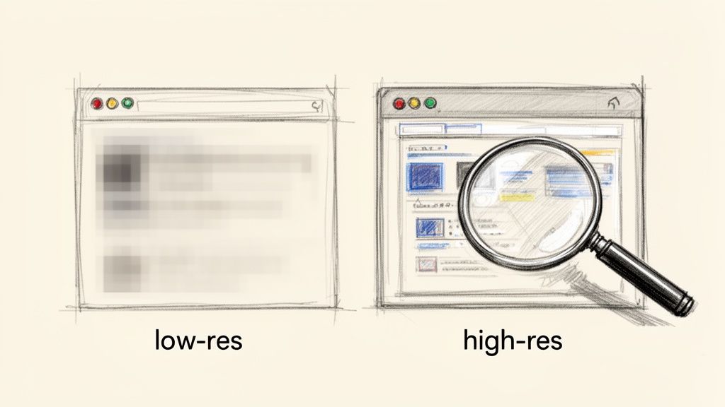 A side-by-side comparison of a blurry low-resolution browser window and a sharp high-resolution one with a magnifying glass.