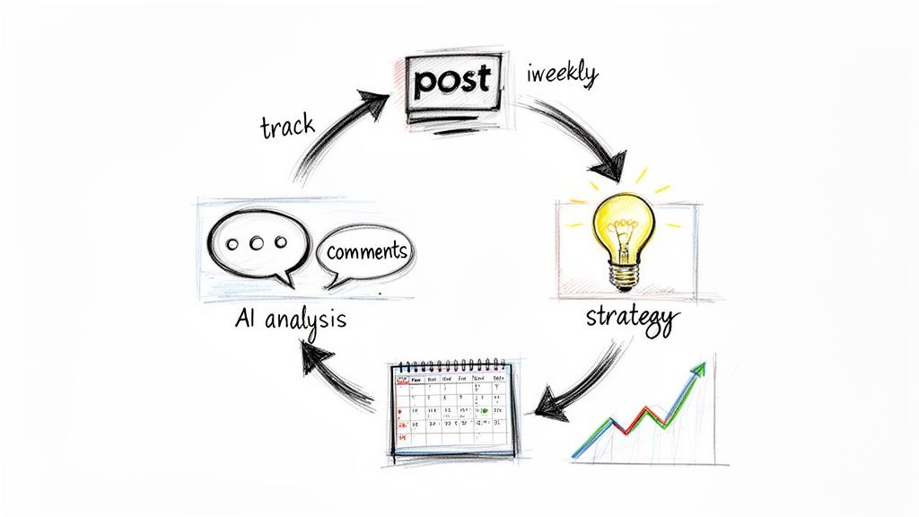 A hand-drawn workflow diagram illustrating a social media content cycle with posting, strategy, AI analysis, and tracking.