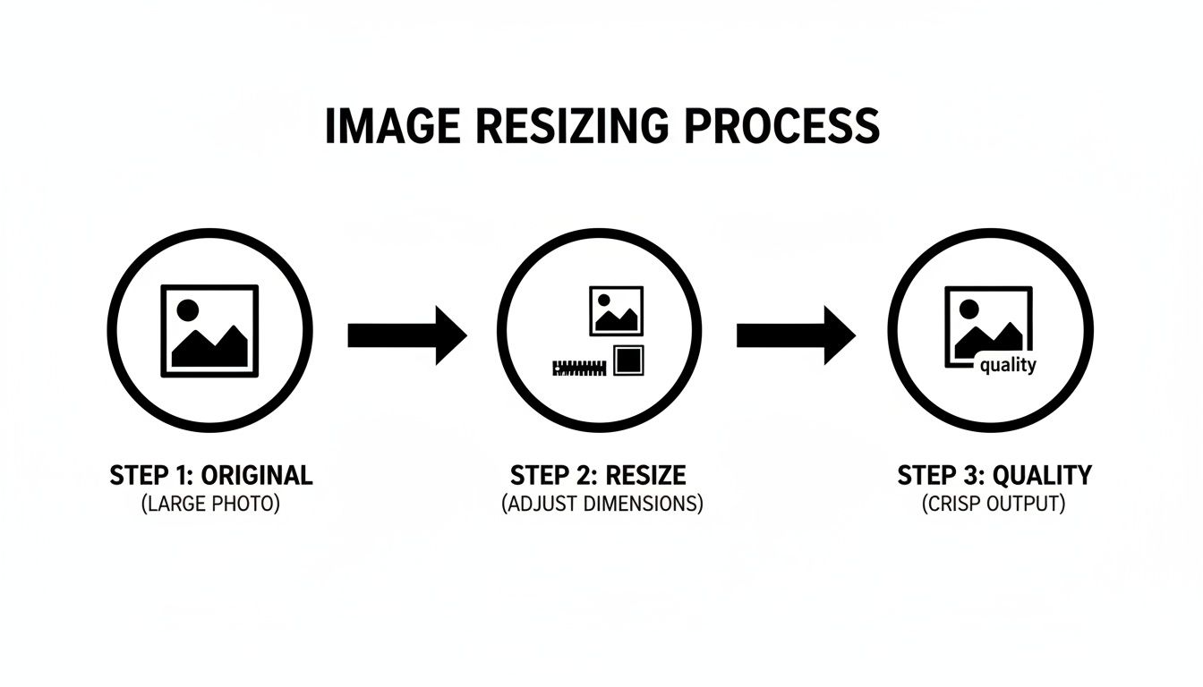 A diagram illustrating the image resizing process from an original large photo to a resized, crisp output.