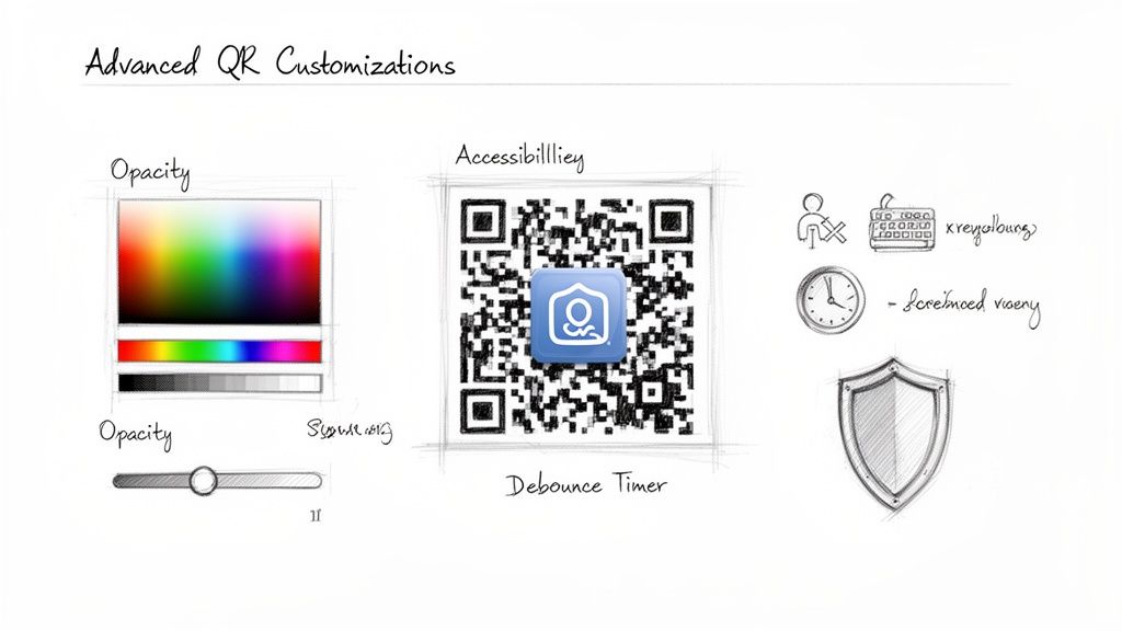 Sketches illustrating advanced QR code customizations for accessibility, opacity, debounce timer, and security features.