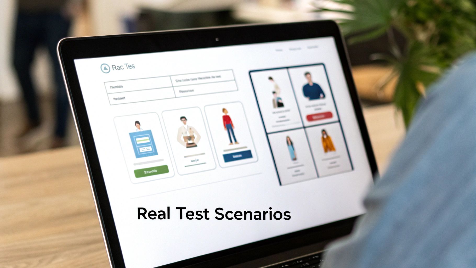 A laptop screen displays a 'Rac Tes' application with various illustrations and 'Real Test Scenarios' text.