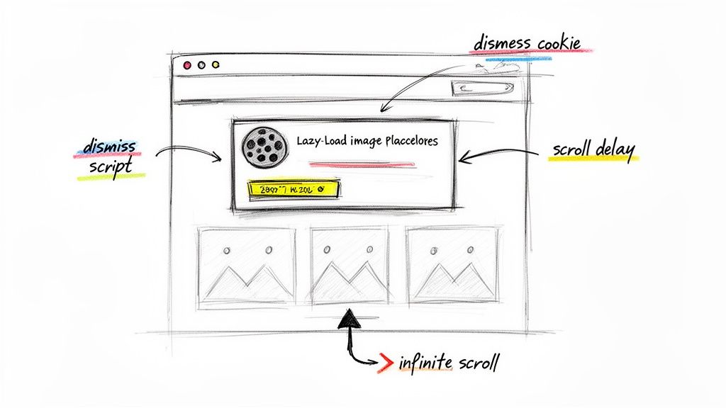 A web page wireframe illustrating concepts like lazy loading, dismiss script, scroll delay, and infinite scroll.