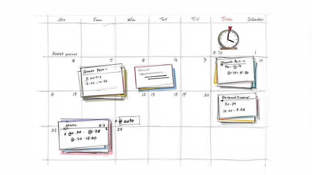 A hand-drawn calendar sketch with various sticky notes for tasks and appointments.