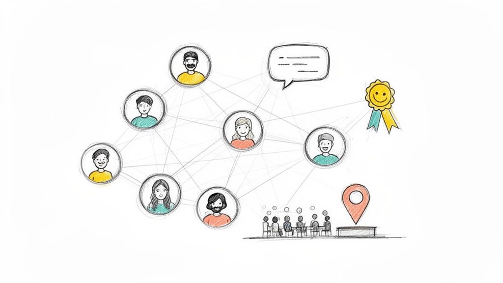 An illustration of a social network with interconnected people, a chat bubble, reward badge, and event location.