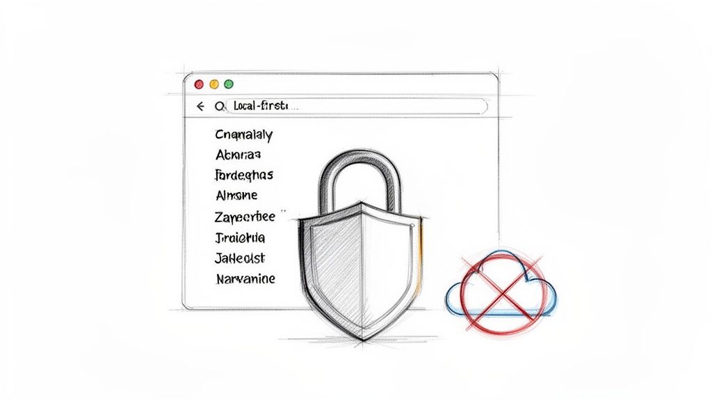 Sketch of a browser window showing local-first data, a security shield, and no cloud.