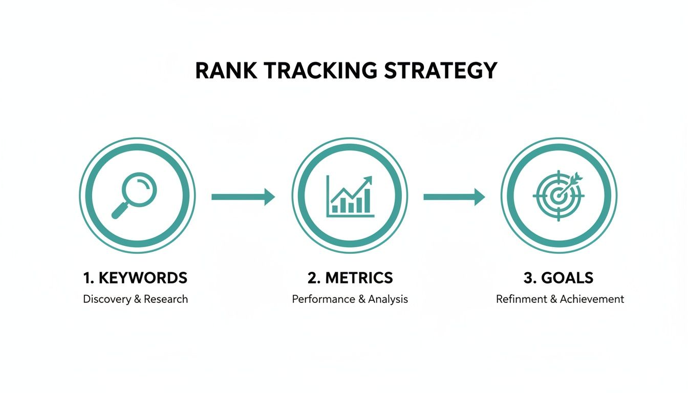 Flowchart illustrating a rank tracking strategy with steps for keywords, metrics, and goals for SEO success.