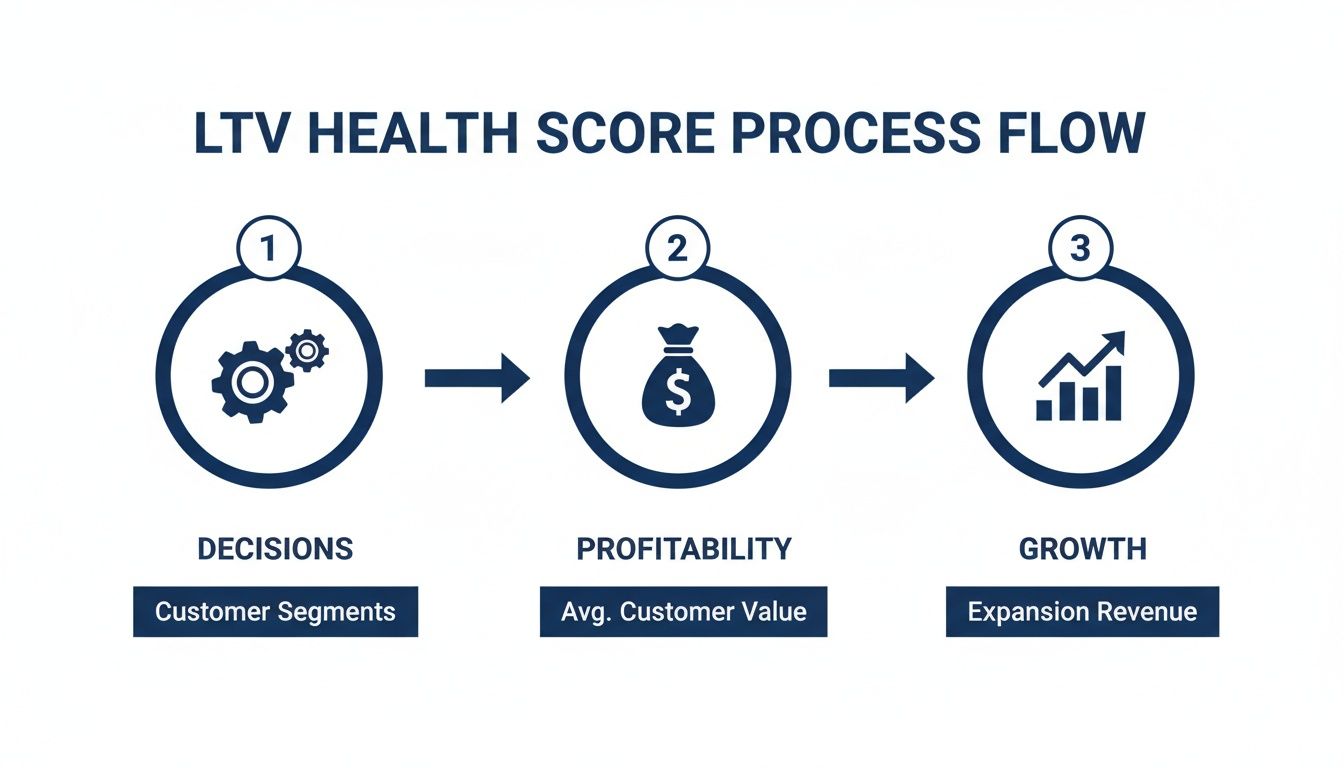 LTV Health Score process flow with steps for decisions, profitability, and growth metrics.