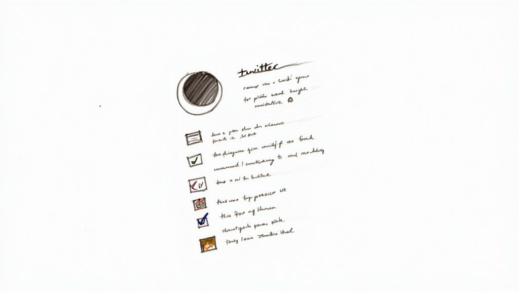 A handwritten list with 'twitter' as the title, featuring a dark circular icon and several checked and unchecked items.