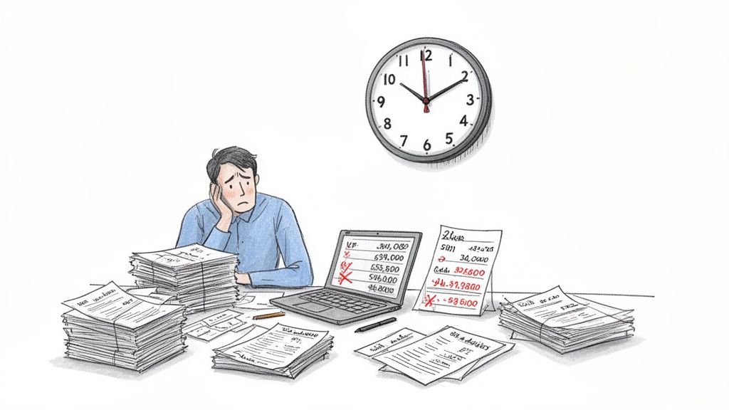 A stressed man reviews financial documents at a messy desk with a laptop and a clock.
