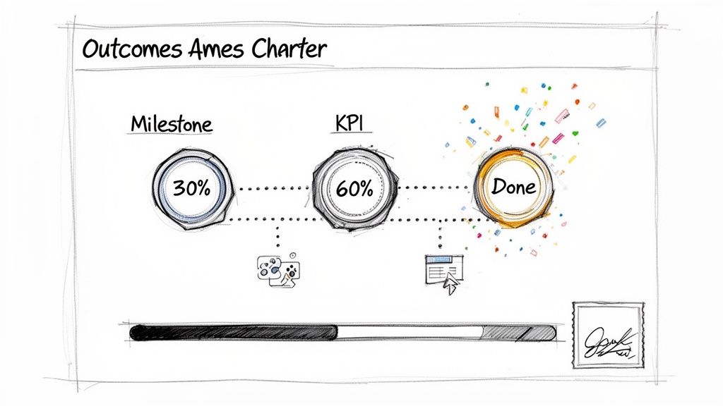 A hand-drawn chart showing project progress: Milestone (30%), KPI (60%), and Done, with a progress bar.