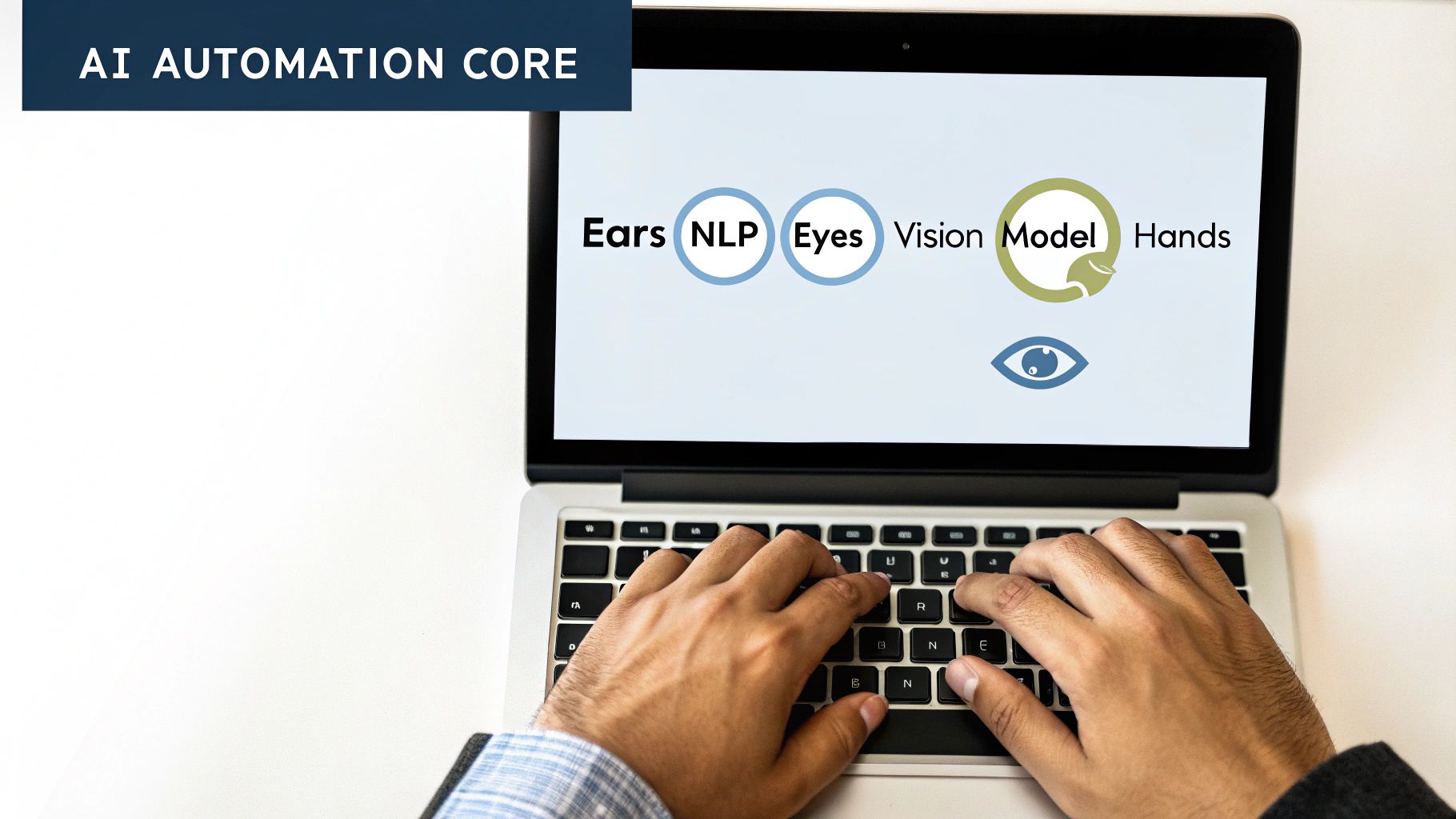 Hands typing on a laptop with a screen displaying AI Automation Core concepts: Ears, NLP, Eyes, Vision, Model, Hands.