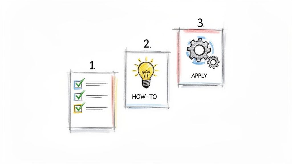 A three-step visual guide showing a checklist, a lightbulb labeled 'HOW-TO', and gears labeled 'APPLY'.