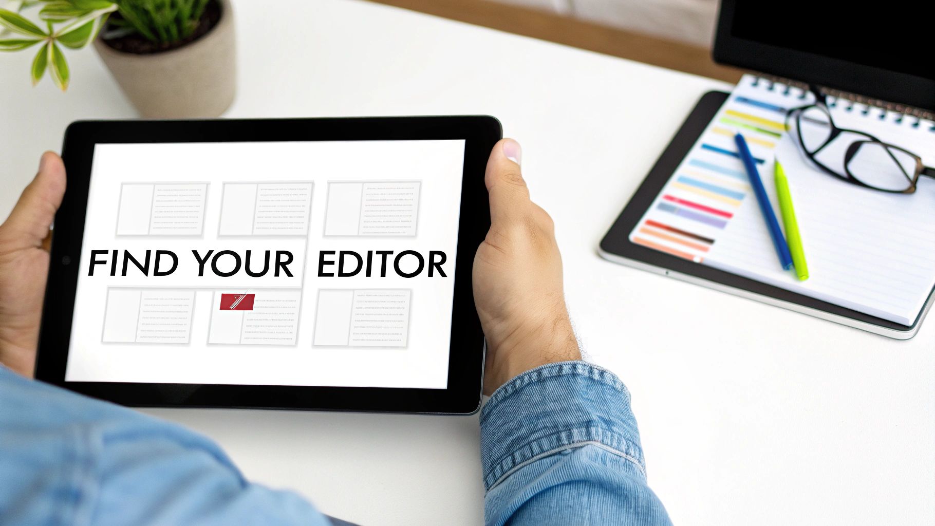 Person holding a tablet displaying 'FIND YOUR EDITOR' surrounded by document previews.