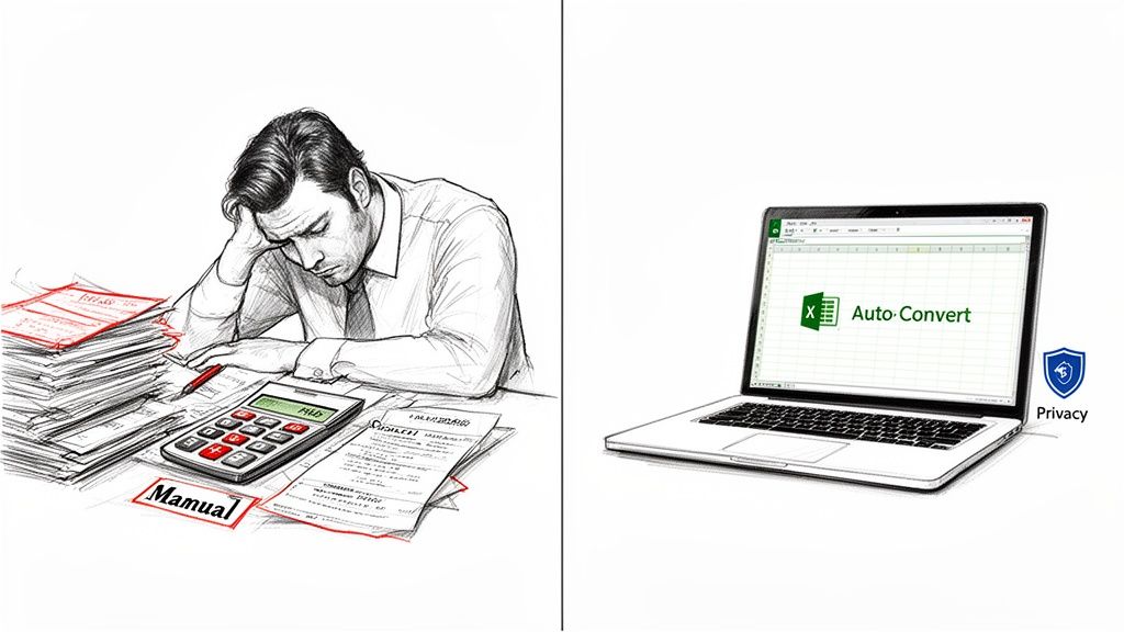 A stressed man doing manual calculations contrasts with a laptop showing Excel auto-convert and privacy.