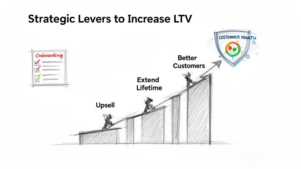 A sketch illustrating strategic levers: onboarding, upsell, extend lifetime, and better customers, to increase LTV and customer health.