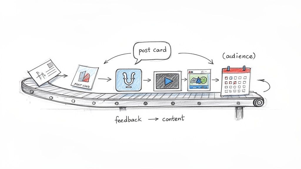 Hand-drawn content feedback loop on a conveyor belt: mail, digital icons, web page, and calendar representing an audience.