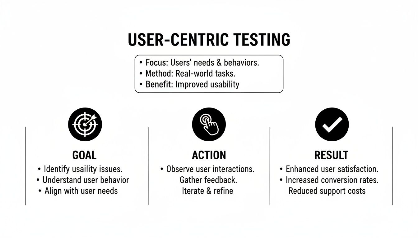 Diagram outlining the goals, actions, and results of user-centric testing for improved usability.