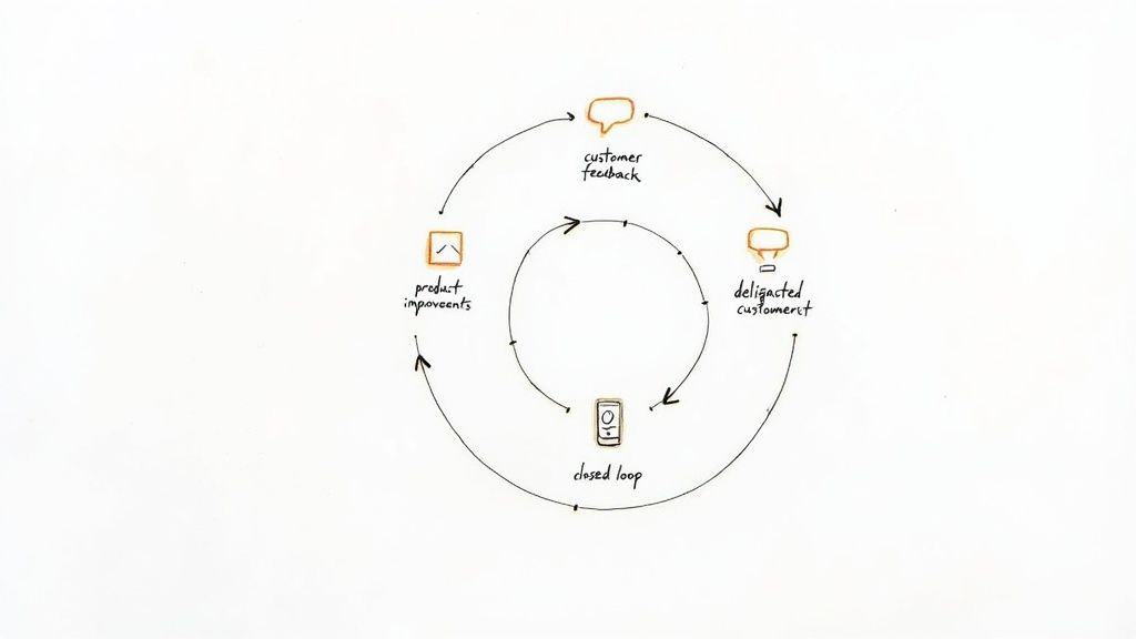 A diagram illustrating a continuous customer feedback loop showing product improvements and customer delight.