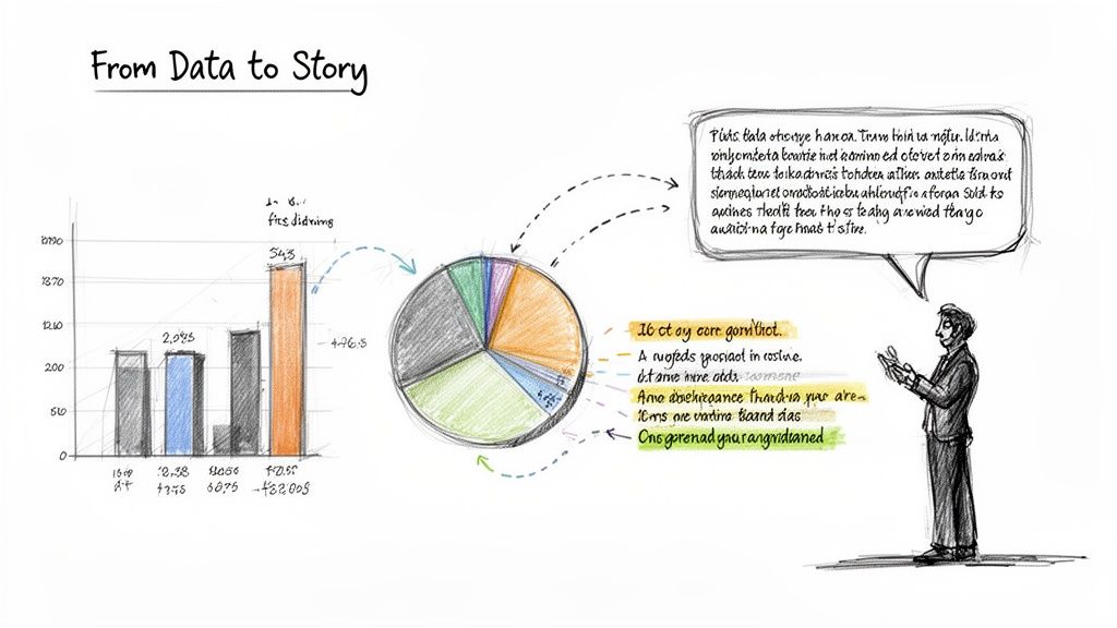 A sketch visualizing data to story: a bar chart, a pie chart, and a person speaking.