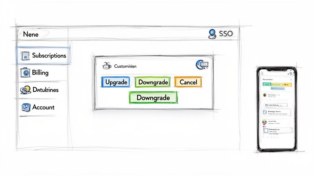 Wireframe of a customer self-service portal, featuring subscription, billing, and account management options with upgrade/downgrade buttons.