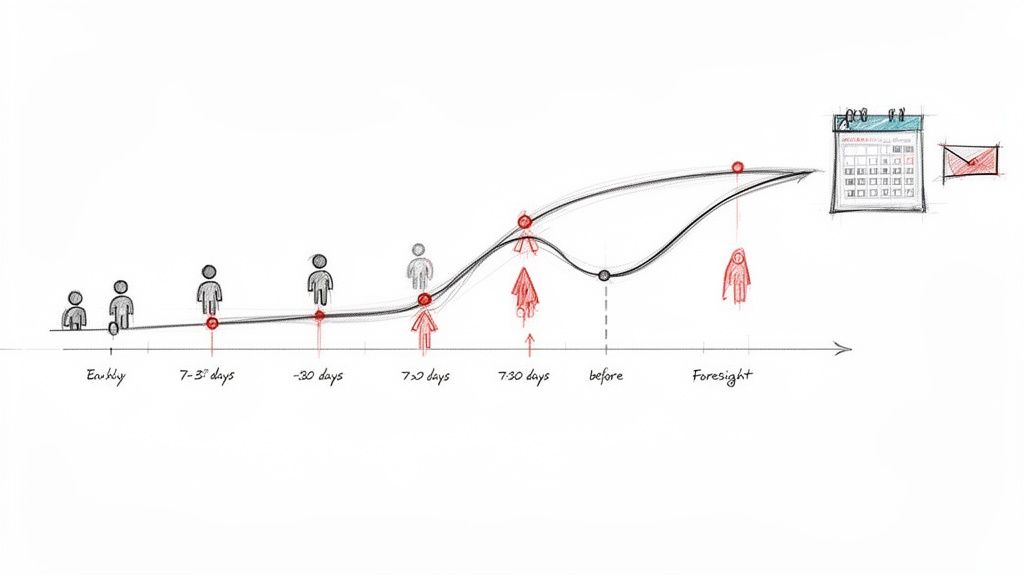Graph depicting customer journey over time, showing engagement points and potential churn.