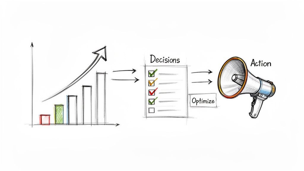 A hand-drawn diagram showing a bar graph, decisions checklist, and megaphone for strategic action and optimization.