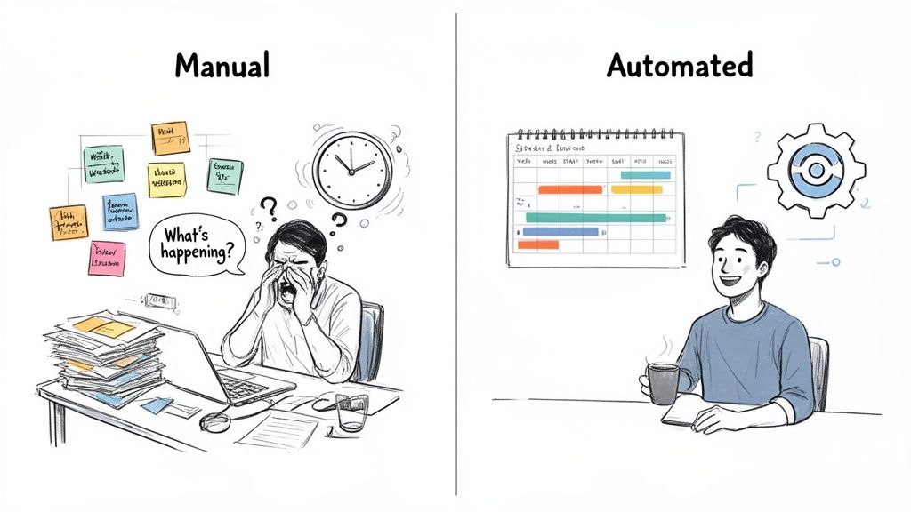 Illustration contrasting manual, chaotic work with automated, calm, and efficient processes.