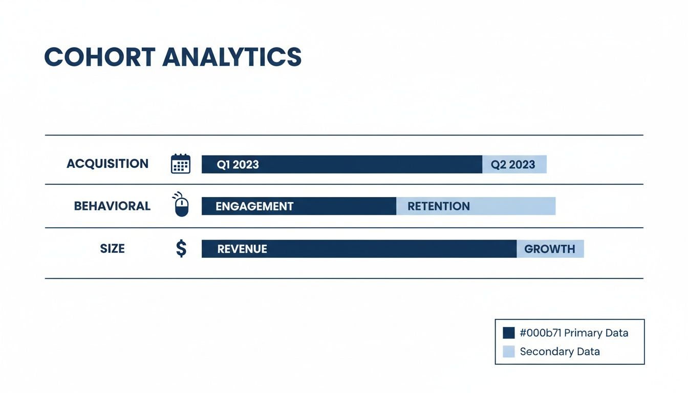 A cohort analytics chart categorizing data by acquisition, behavioral patterns, and size, showing primary and secondary data.