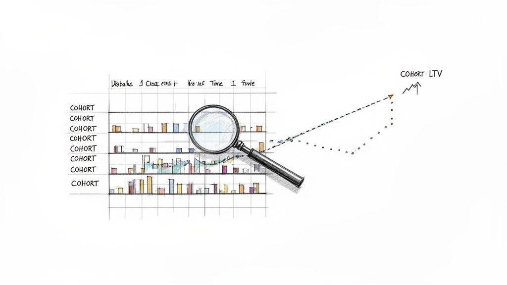 Hand-drawn illustration of cohort analysis data with a magnifying glass, showing a trend towards Cohort LTV.