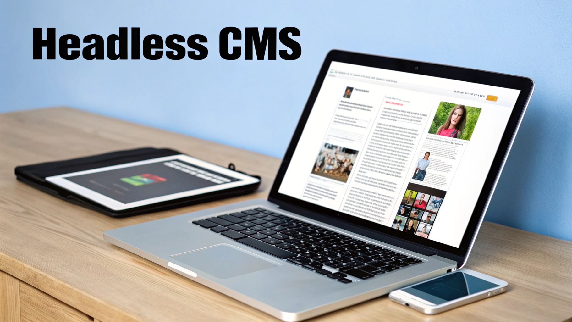 Laptop, iPad, and smartphone on a wooden desk with "Headless CMS" text in the foreground.