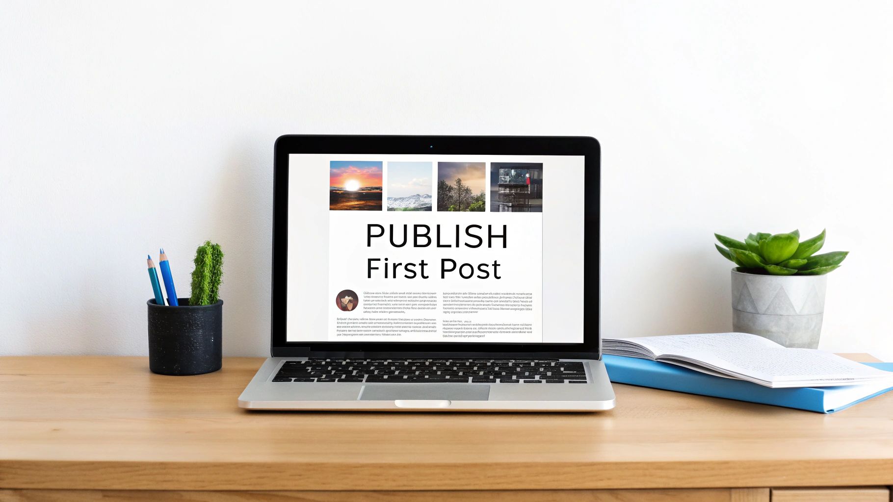 Laptop displaying 'PUBLISH First Post' on a blog editor, on a wooden desk with office supplies.