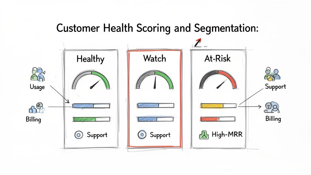 Diagram illustrating customer health scoring and segmentation into Healthy, Watch, and At-Risk categories with key metrics.