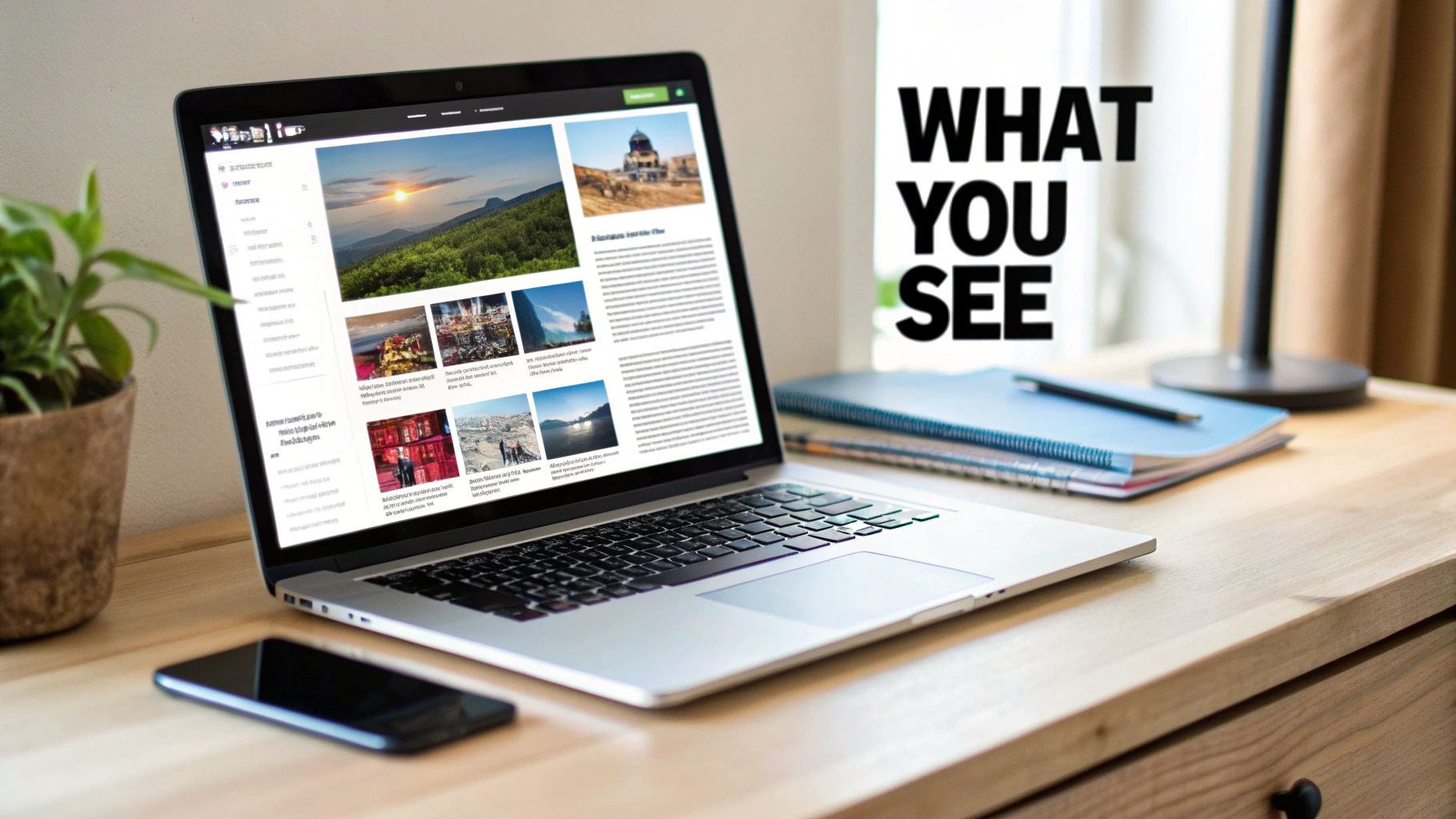 A laptop displaying a website with images and text, a smartphone, and notebooks on a wooden desk.