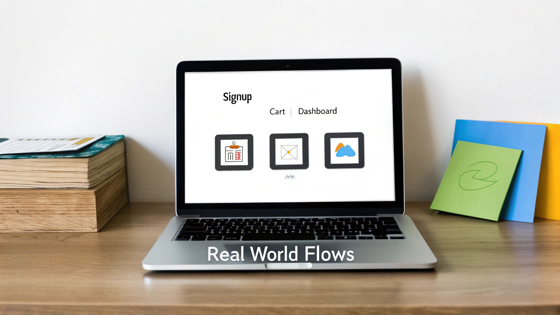 A laptop on a desk displays 'Signup', 'Cart', 'Dashboard' with icons and 'Real World Flows' text.