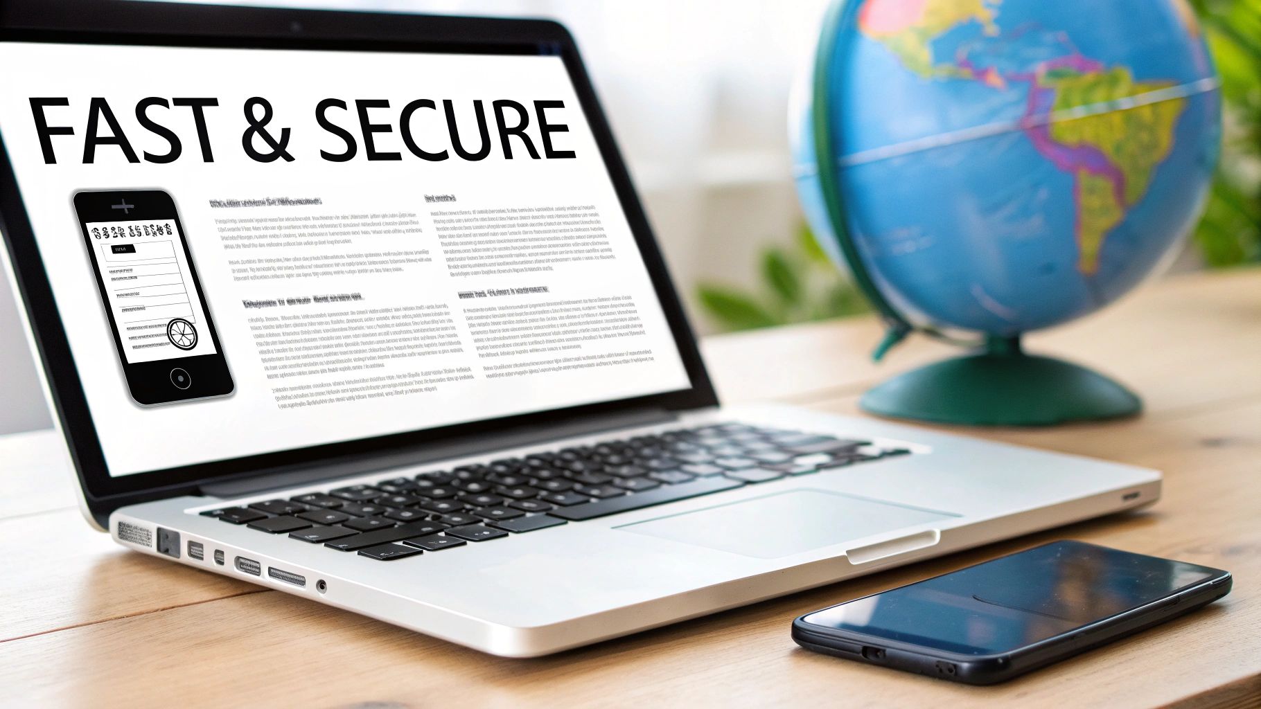 A laptop displaying 'FAST & SECURE' and a smartphone on a wooden desk with a globe.