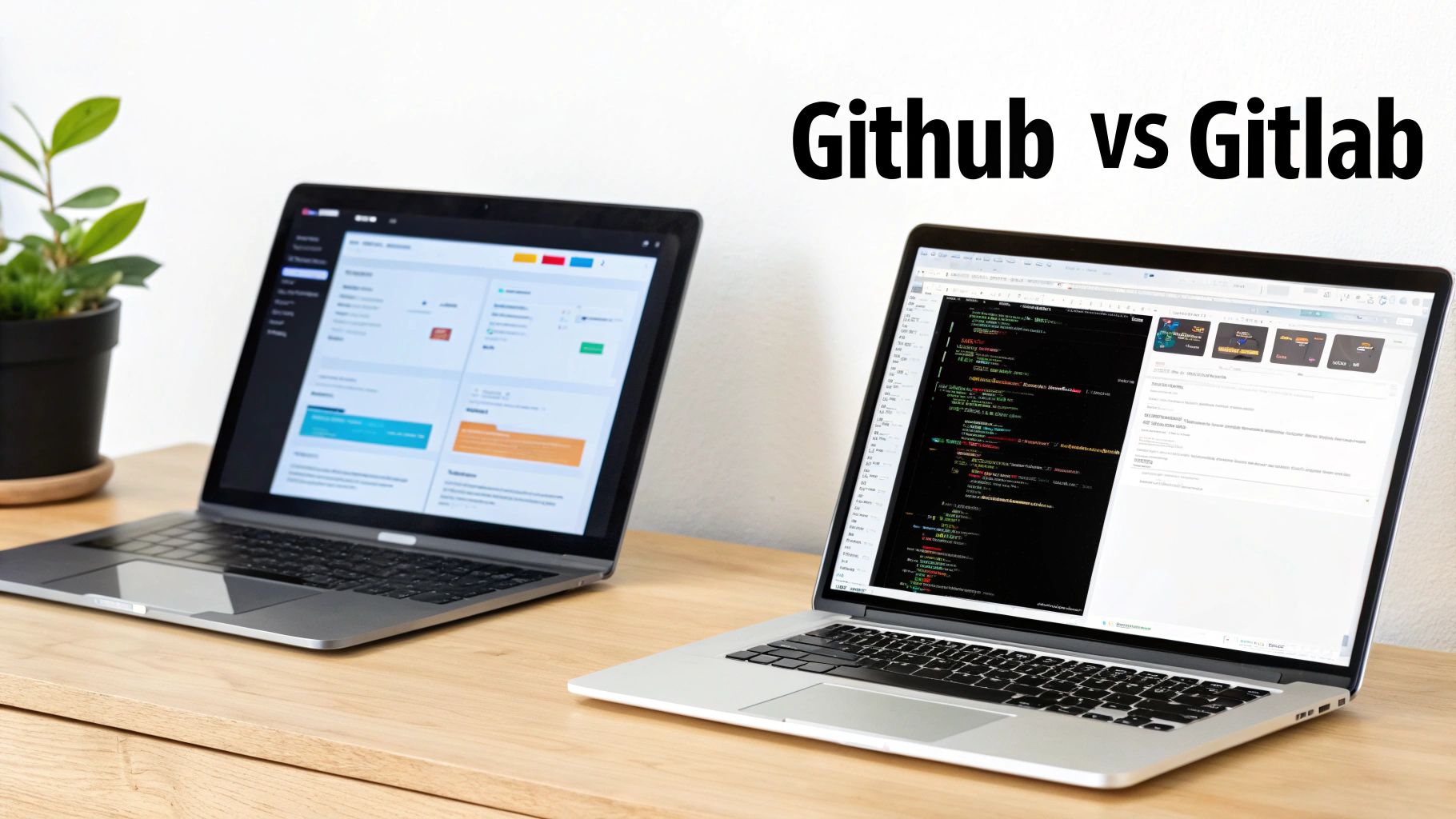 Two laptops display software interfaces side-by-side, comparing Github and Gitlab tools on a wooden desk.