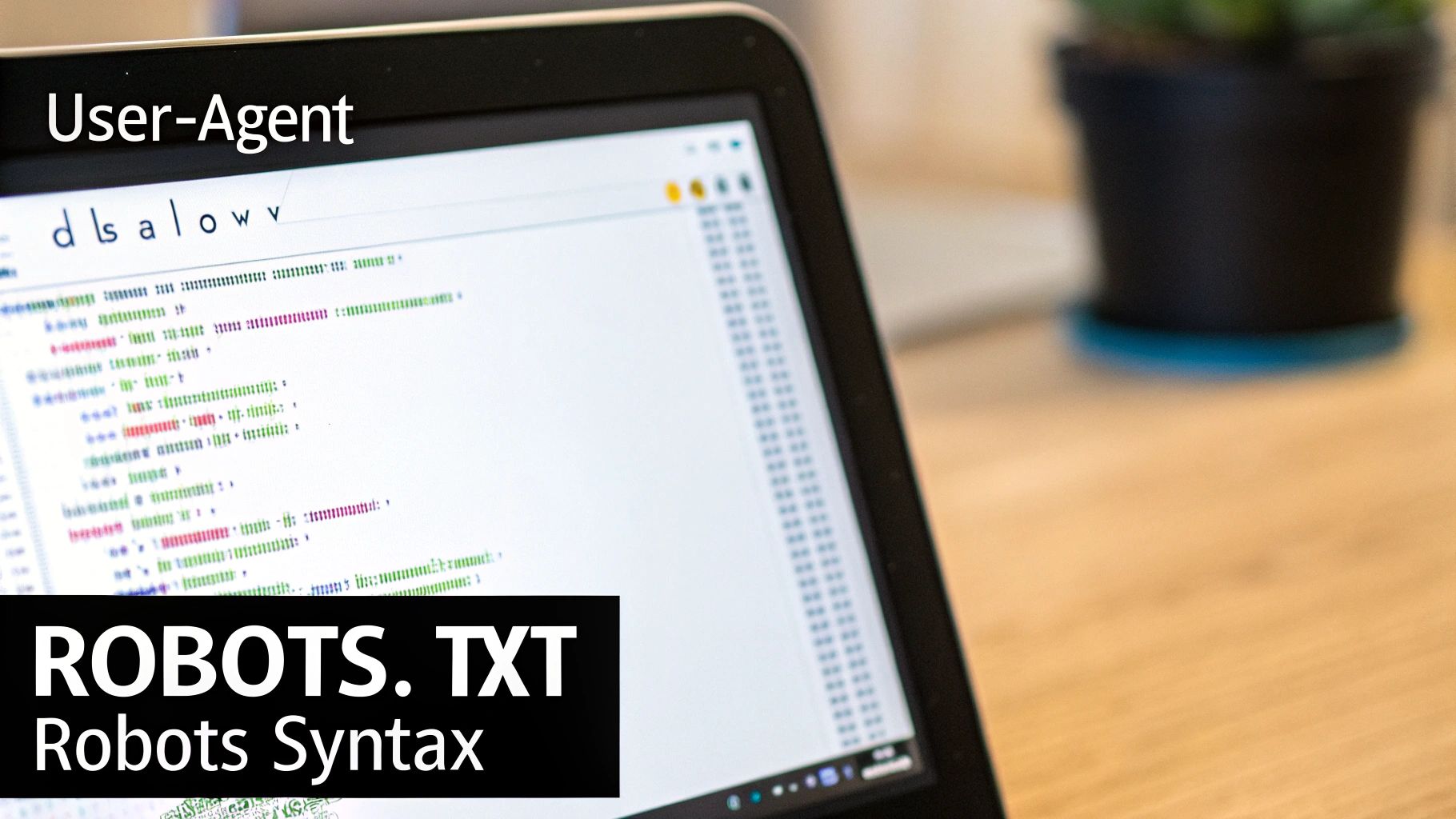 Laptop screen displaying robots.txt file code with User-Agent and Disallow, illustrating robots syntax.