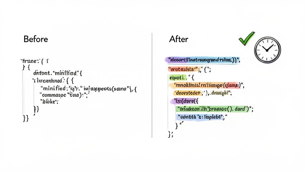 Before and after comparison of JSON code, showing minified and optimized syntax for efficiency.