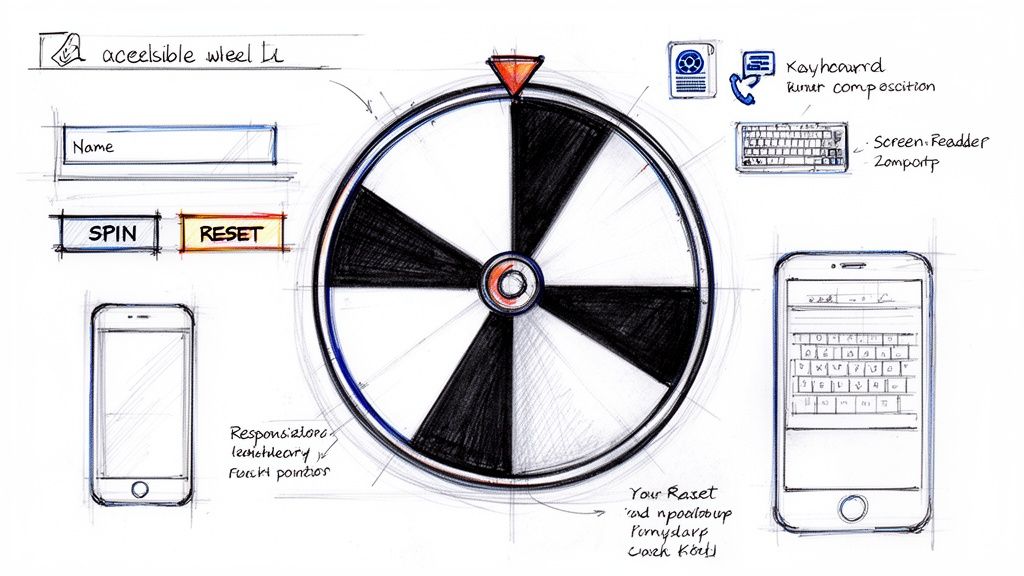 Hand-drawn UI design for an accessible spinning wheel, including a name input, controls, and mobile layouts.