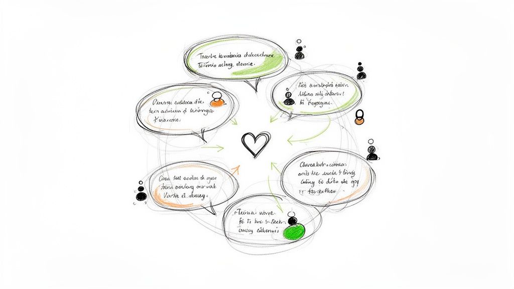 A hand-drawn diagram with a central heart, surrounded by connected speech bubbles and stick figures, illustrating collaborative idea generation.