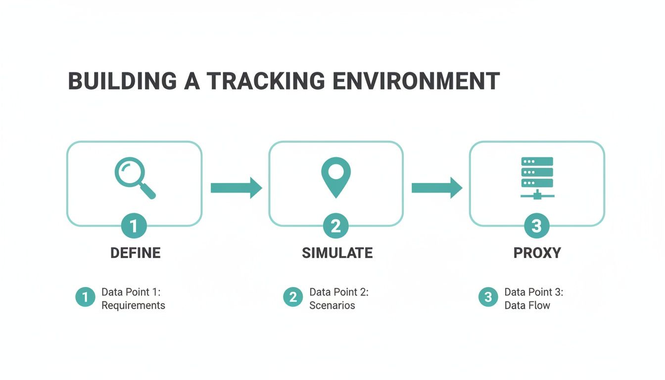 A diagram illustrating three steps for building a tracking environment: Define, Simulate, and Proxy.