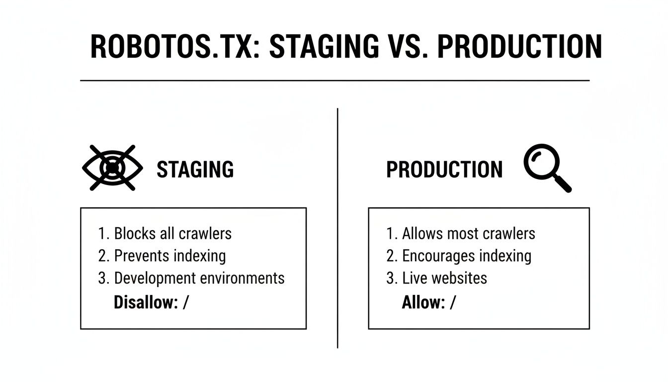 Comparison of robots.txt for staging vs. production environments, detailing crawler access and indexing.