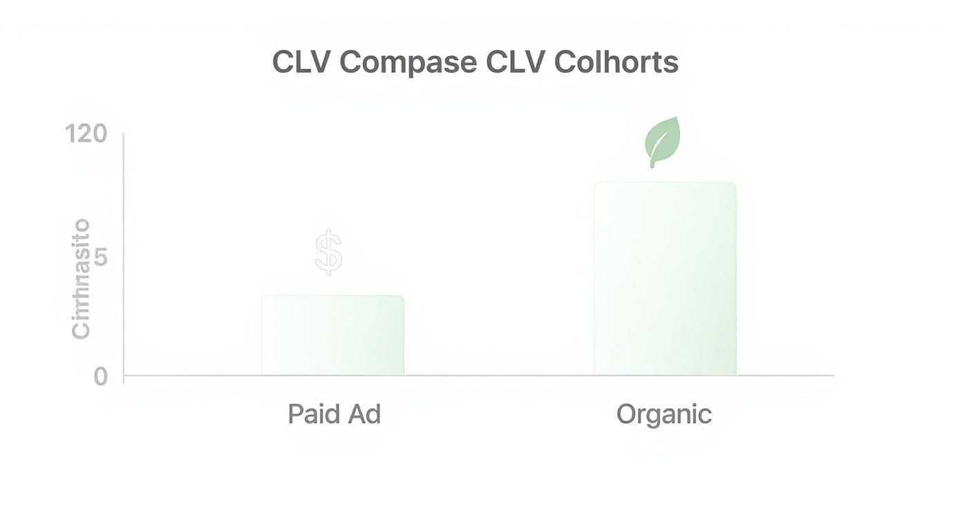 Bar chart comparing customer lifetime value for paid ad and organic acquisition, showing organic is higher.