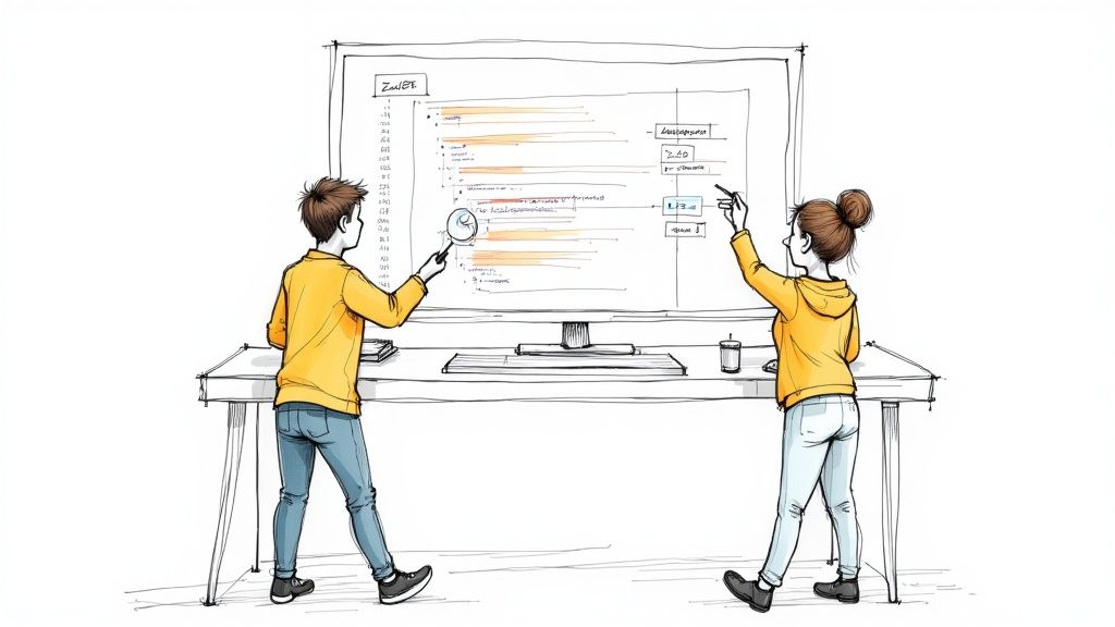 Two designers collaborating on a large screen displaying a software interface or project plan.