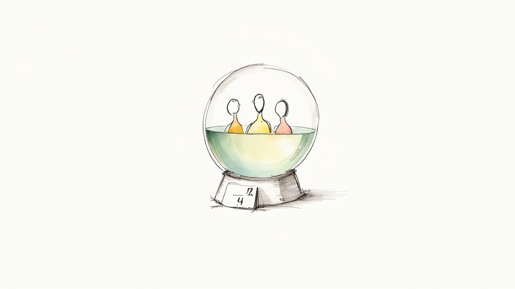 Watercolor sketch showing three abstract people partially submerged in water within a clear glass globe, labeled π/4.
