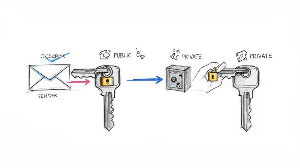 Illustration of public-private key encryption: a message locked by a public key, then unlocked by a private key.