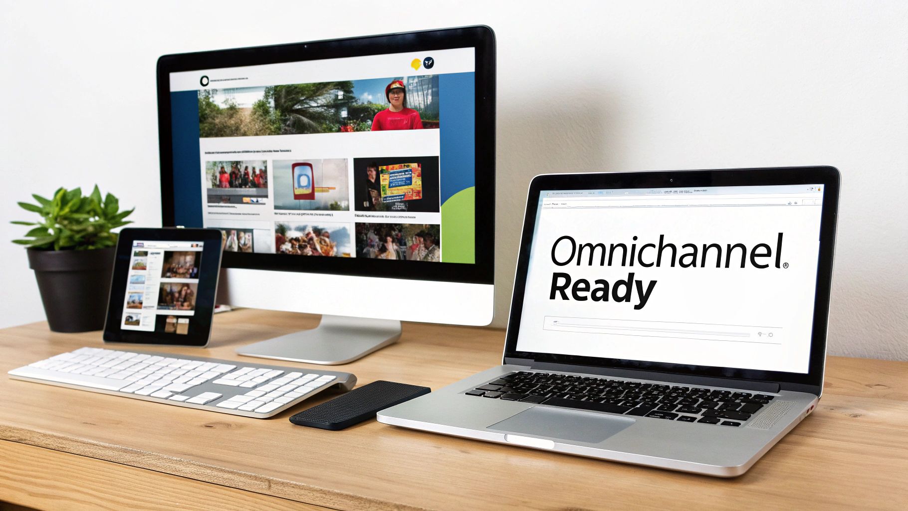 A desktop monitor, laptop, and tablet display digital content on a wooden desk, emphasizing omnichannel readiness.