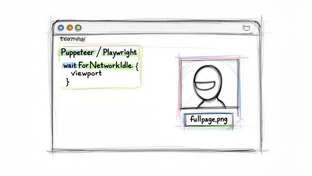 A sketch of a terminal showing Puppeteer/Playwright code for taking a full-page screenshot.